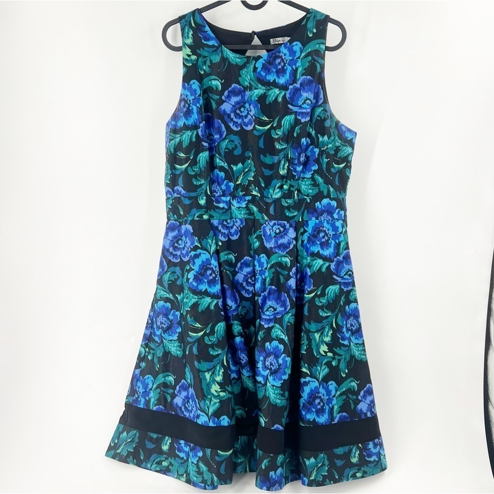 ✅ ELIZA J BACKLESS MIDI FLORAL DRESS SIZE 14 TEAL/BLACK/BLUE
